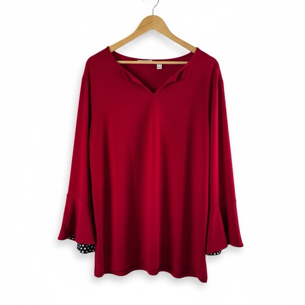 Belle by Kim Gravel Liquid Knit Top Bell Sleeves Polka‎ Dot Lining Red 3x Flaw